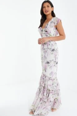 White Chiffon Floral Frill Maxi Dress -Dazzle Dresses 00100036290 XS