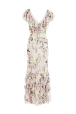 White Chiffon Floral Frill Maxi Dress -Dazzle Dresses 00100036290 ZB