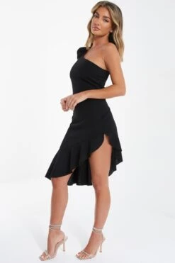 Black One Shoulder Bow Midi Dress -Dazzle Dresses 00100036300 XS