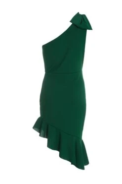 Bottle Green One Shoulder Bow Midi Dress -Dazzle Dresses 00100036301 ZB
