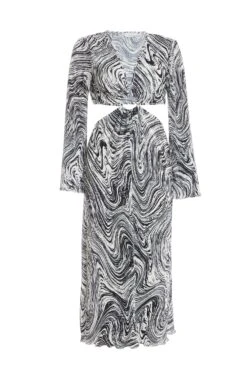 Black Plisse Swirl Midaxi Dress