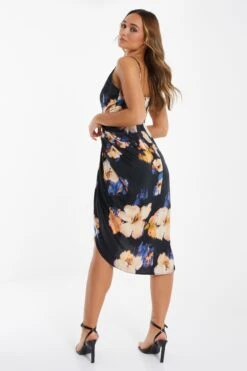 Black Satin Floral Ruched Midi Dress -Dazzle Dresses 00100036340 XB