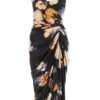 Black Satin Floral Ruched Midi Dress
