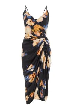 Black Satin Floral Ruched Midi Dress