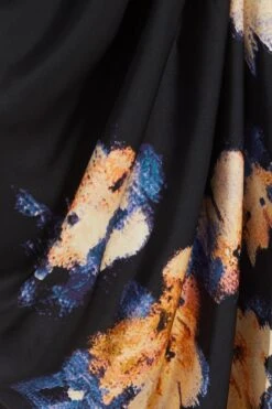 Black Satin Floral Ruched Midi Dress -Dazzle Dresses 00100036340 ZS