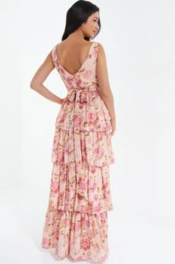 Cream Chiffon Floral Tiered Maxi Dress -Dazzle Dresses 00100036346 XB