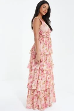 Cream Chiffon Floral Tiered Maxi Dress -Dazzle Dresses 00100036346 XS