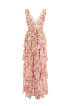 Cream Chiffon Floral Tiered Maxi Dress -Dazzle Dresses 00100036346 ZB