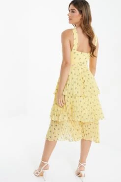 Yellow Chiffon Floral Tiered Midi Dress -Dazzle Dresses 00100036348 XB