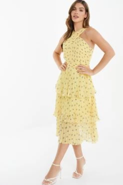 Yellow Chiffon Floral Tiered Midi Dress -Dazzle Dresses 00100036348 XS