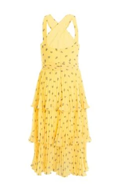 Yellow Chiffon Floral Tiered Midi Dress -Dazzle Dresses 00100036348 ZB