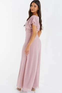 Pink Chiffon Frill Sleeve Maxi Dress -Dazzle Dresses 00100036349 XB