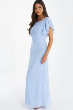 Light Blue Chiffon Frill Sleeve Maxi Dress -Dazzle Dresses 00100036350 XS