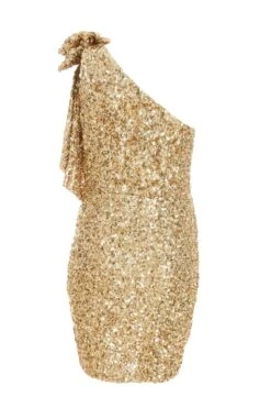 Gold Sequin Bow Bodycon Mini Dress -Dazzle Dresses 00100036354 ZB