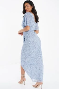 Light Blue Sequin Batwing Maxi Dress -Dazzle Dresses 00100036357 XB