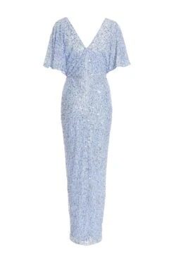 Light Blue Sequin Batwing Maxi Dress -Dazzle Dresses 00100036357 ZB
