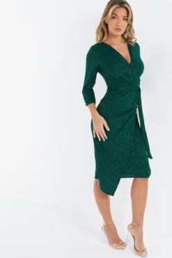 Bottle Green Glitter Wrap Tie Midi Dress -Dazzle Dresses 00100036413 XS