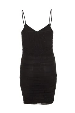 Black Glitter Ruched Bodycon Mini Dress -Dazzle Dresses 00100036424 ZB