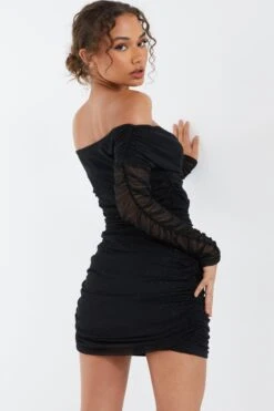 Black Bardot Glitter Ruched Bodycon Mini Dress -Dazzle Dresses 00100036425 XB