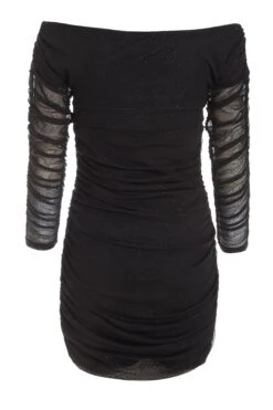 Black Bardot Glitter Ruched Bodycon Mini Dress -Dazzle Dresses 00100036425 ZB