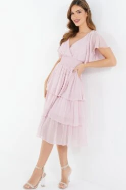 Pink Chiffon Tiered Midi Dress -Dazzle Dresses 00100036432 XS