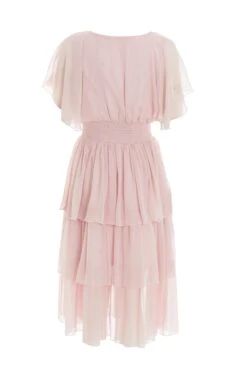 Pink Chiffon Tiered Midi Dress -Dazzle Dresses 00100036432 ZB