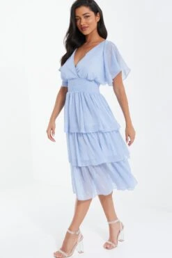 Blue Chiffon Tiered Midi Dress -Dazzle Dresses 00100036433 XS
