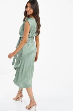 Sage Satin Tiered Midi Dress -Dazzle Dresses 00100036434 XB