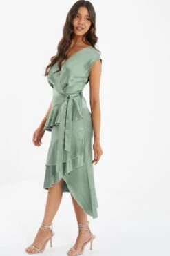 Sage Satin Tiered Midi Dress -Dazzle Dresses 00100036434 XS