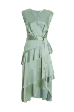 Sage Satin Tiered Midi Dress