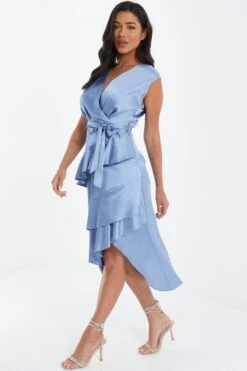 Light Blue Satin Tiered Midi Dress -Dazzle Dresses 00100036435 XS