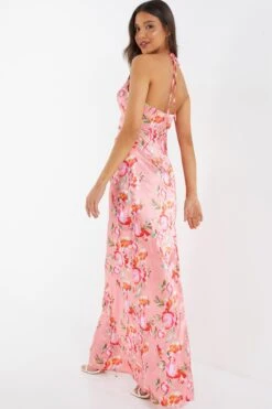 Coral Floral Satin Maxi Dress -Dazzle Dresses 00100036436 XB