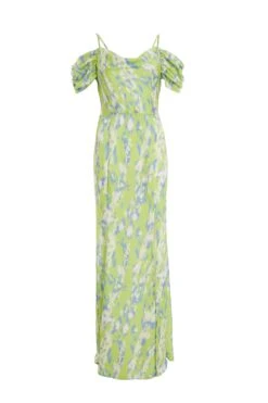 Lime Satin Marble Print Maxi Dress