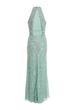 Green Sequin Halter Neck Fishtail Maxi Dress -Dazzle Dresses 00100036446 ZB