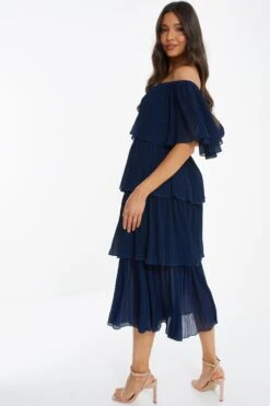 Navy Bardot Pleated Midaxi Dress -Dazzle Dresses 00100036451 XB