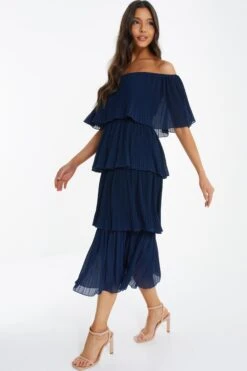 Navy Bardot Pleated Midaxi Dress -Dazzle Dresses 00100036451 XS