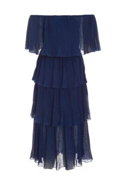 Navy Bardot Pleated Midaxi Dress -Dazzle Dresses 00100036451 ZB