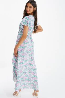 Pink Smudge Print Frill Maxi Dress -Dazzle Dresses 00100036463 XB