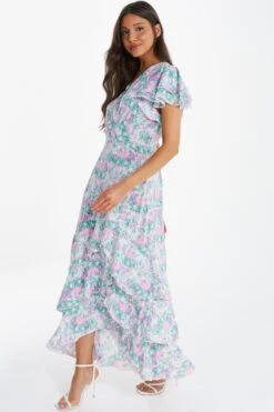 Pink Smudge Print Frill Maxi Dress -Dazzle Dresses 00100036463 XS