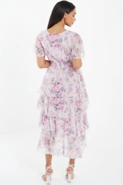 Pink Chiffon Floral Dip Hem Tiered Midi Dress -Dazzle Dresses 00100036467 XB