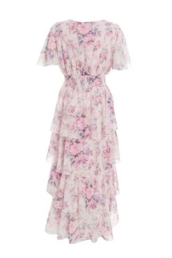 Pink Chiffon Floral Dip Hem Tiered Midi Dress -Dazzle Dresses 00100036467 ZB