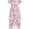 Pink Chiffon Floral Dip Hem Tiered Midi Dress