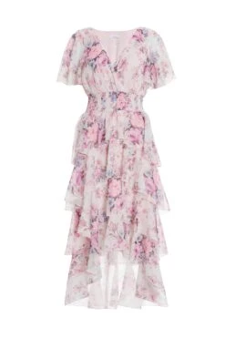 Pink Chiffon Floral Dip Hem Tiered Midi Dress