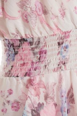 Pink Chiffon Floral Dip Hem Tiered Midi Dress -Dazzle Dresses 00100036467 ZS