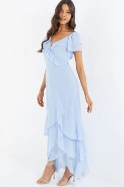 Light Blue Chiffon Frill Maxi Dress -Dazzle Dresses 00100036489 XS