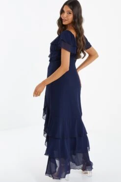 Navy Chiffon Frill Maxi Dress -Dazzle Dresses 00100036490 XB