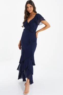 Navy Chiffon Frill Maxi Dress -Dazzle Dresses 00100036490 XS