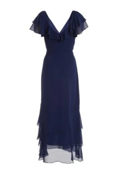 Navy Chiffon Frill Maxi Dress -Dazzle Dresses 00100036490 ZB