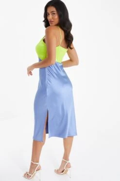 Blue Satin V Neck Midi Dress -Dazzle Dresses 00100036493 XB