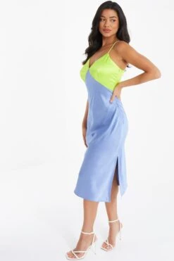 Blue Satin V Neck Midi Dress -Dazzle Dresses 00100036493 XS